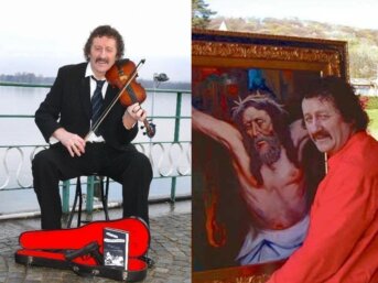 Luciano Lutring una custodia di violino con mitra e pennelli