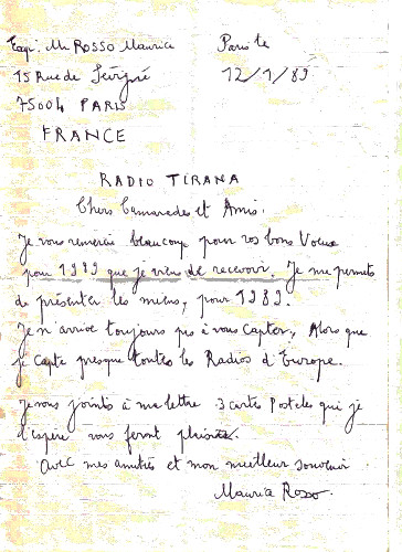 Lettera a Radio Tirana: Lettera 2 – 12 settembre 1989 – Maurice scrive da Parigi a Radio Tirana