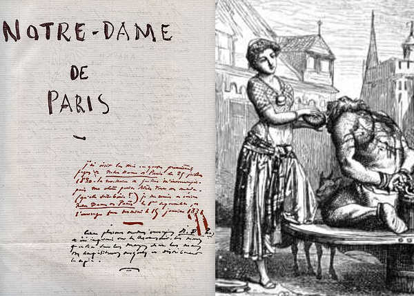 Il manoscritto di Notre Dame de Paris di Victor Hugo e Quasimodo con Esmeralda