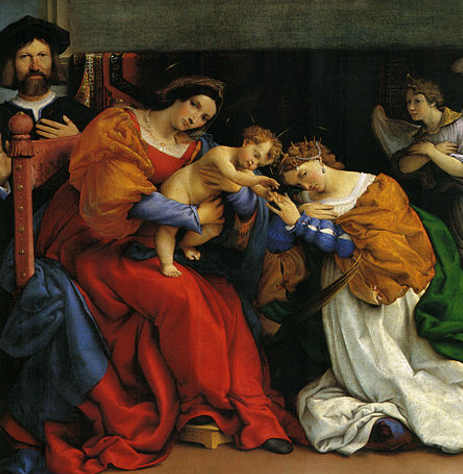 Matrimonio mistico di Santa Caterina d’Alessandria di Lorenzo Lotto, colore rosso