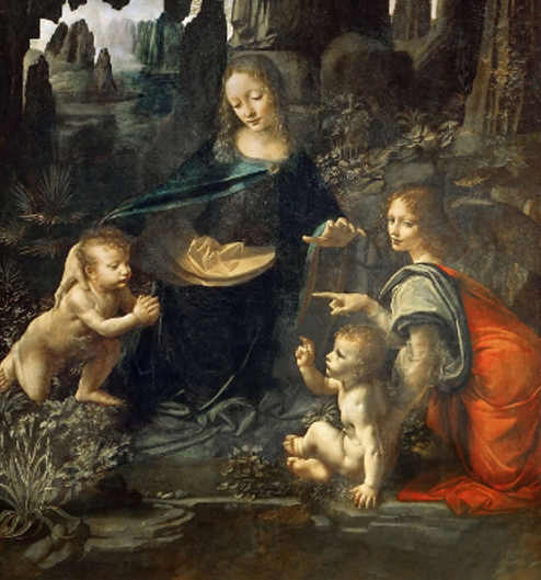 Leonardo da Vinci composizione pittorica piramidale, La Vergine delle Rocche Il vento soffia, gonfiando i drappi rossi del mantello dell'angelo e l'interno giallo arancio di quello di Maria, 